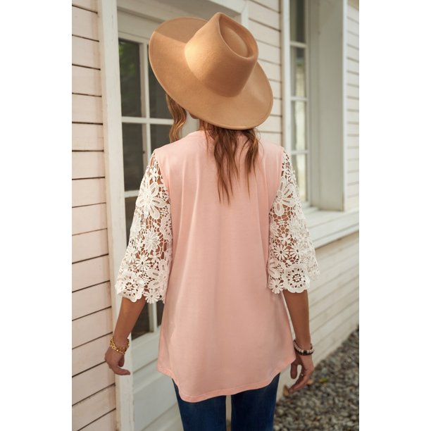 ABPHQTO Top tipo túnica con mangas de encaje rosa para mujer
