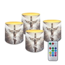 SEANATIVE 4 Pack Flameless LED Candles Remote Control Flickering LED Pillar Candles Battery Operated, Timer Multi-Color Options Tea Lights for Party Dinner Event Decor, Cross with Jesus Wings