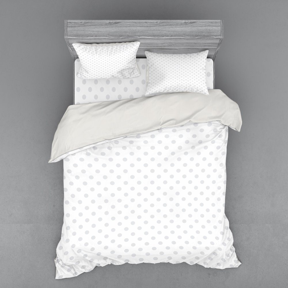 Grey Duvet Cover Set, Small Polka Dots on White Backdrop Retro Style
