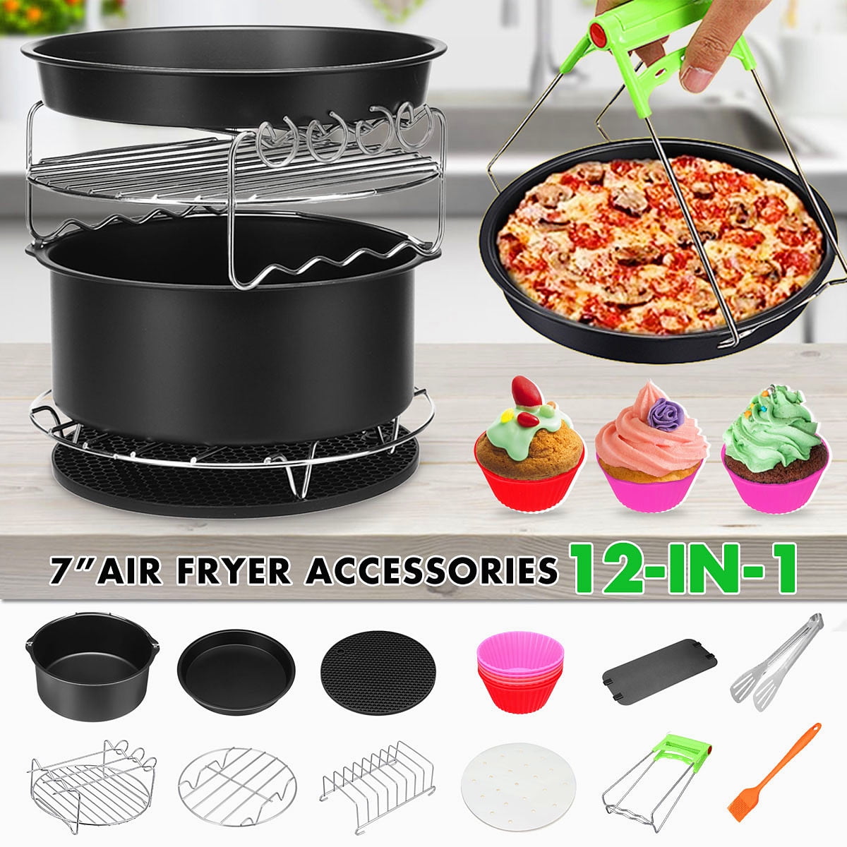 12Pcs 7'' Air Fryer Accessories Set Pizza Pan Muffin Cup For Philips 3.