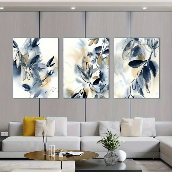 3pcs Floral Abstract Ink Painting Canvas Art Set, Modern Glam Minimalist Wall Art, Frameless Art Deco Classic Style Posters, Landscape Theme Paintings for Home Office, Living Room, Bedroom, Bathroom