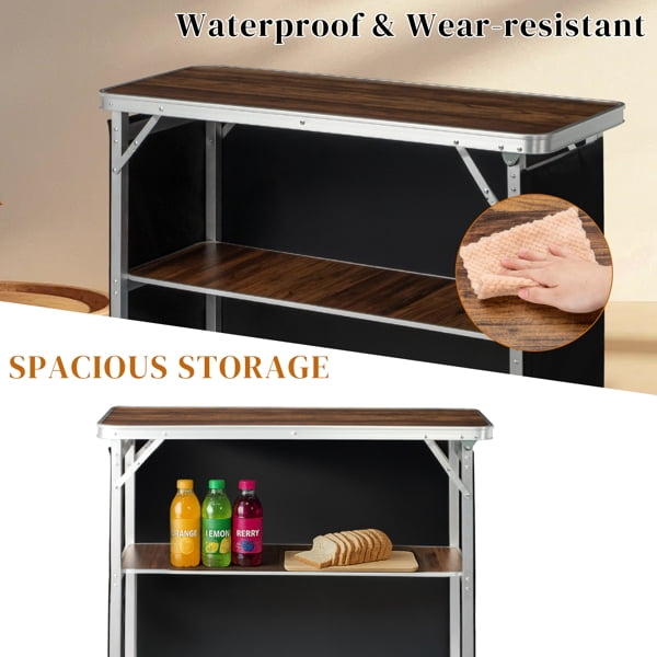 Portable Folding Bar Table with Shelf, Tradeshow Podium Table with Black Skirt and Carrying Bag, for Indoor Outdoor Party Picnic Exhibition, Brown Wood Tone