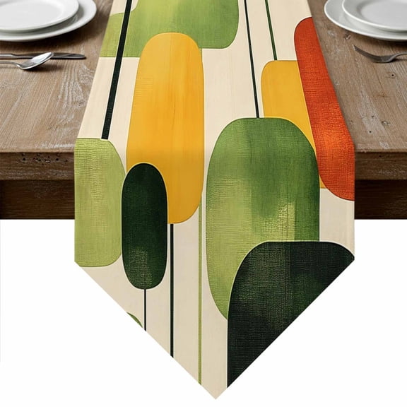 Green Abstract Table Runner Linen Burlap Table Runner 72 Inches Long Geometric Simple Lines Vintage Art Dresser Scarves for Kitchen Island Coffee Dining Party Wedding Banquet Holiday Decor 16"x72"
