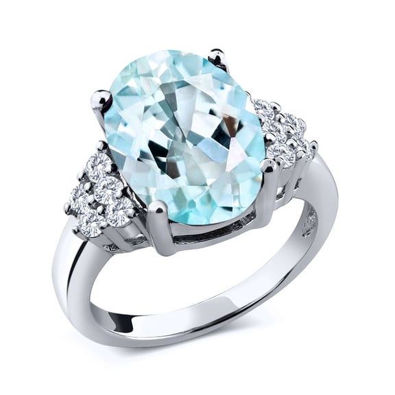 Gem Stone King 6.56 Ct Oval Sky Blue Topaz E-F Lab Grown Diamond 925 Sterling Silver Ring (Size 6)