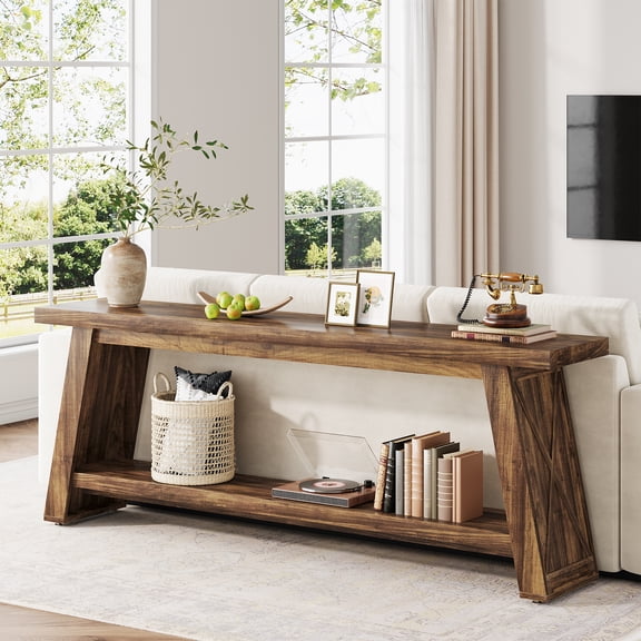 Condemo 70.87-Inch Console Table for Entyrway, Extra Long Sofa Table Behind Couch, Farmhouse 2-Tier Entry Table for Hallway, Entrance, Foyer, Rustic Brown