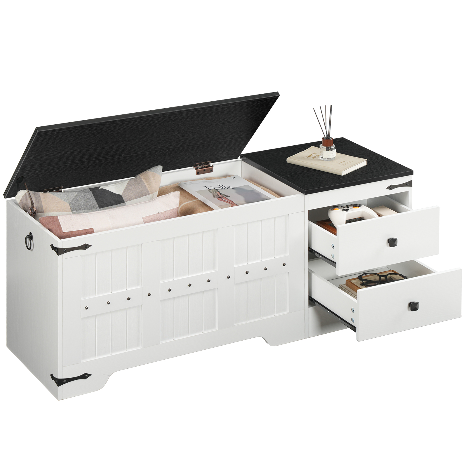 HOOBRO Wooden Toy Storage Bench and Chest, Dual Drawers, Safe Hinge, Extra-Long Thick Top, Easy Assembly, Multipurpose Storage Organizer Trunk, for Living Room, Bedroom, White and Black WB212CW01