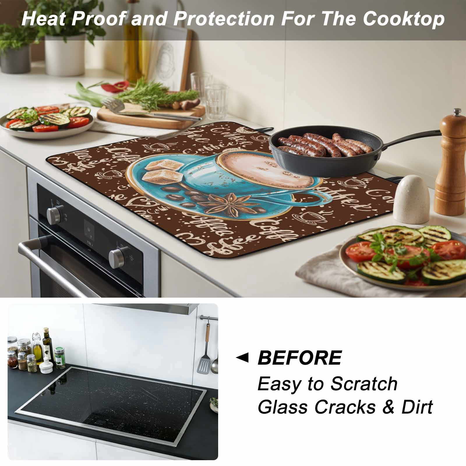 Coffee Stove Top Cover for Electric Stove, Heat-proof & Non Slip Glass Top Stove Cover Protector, Brown Teal Pastoral Vintage Art Kitchen Flat Cooktop Rubber Mat 24x21 Inches