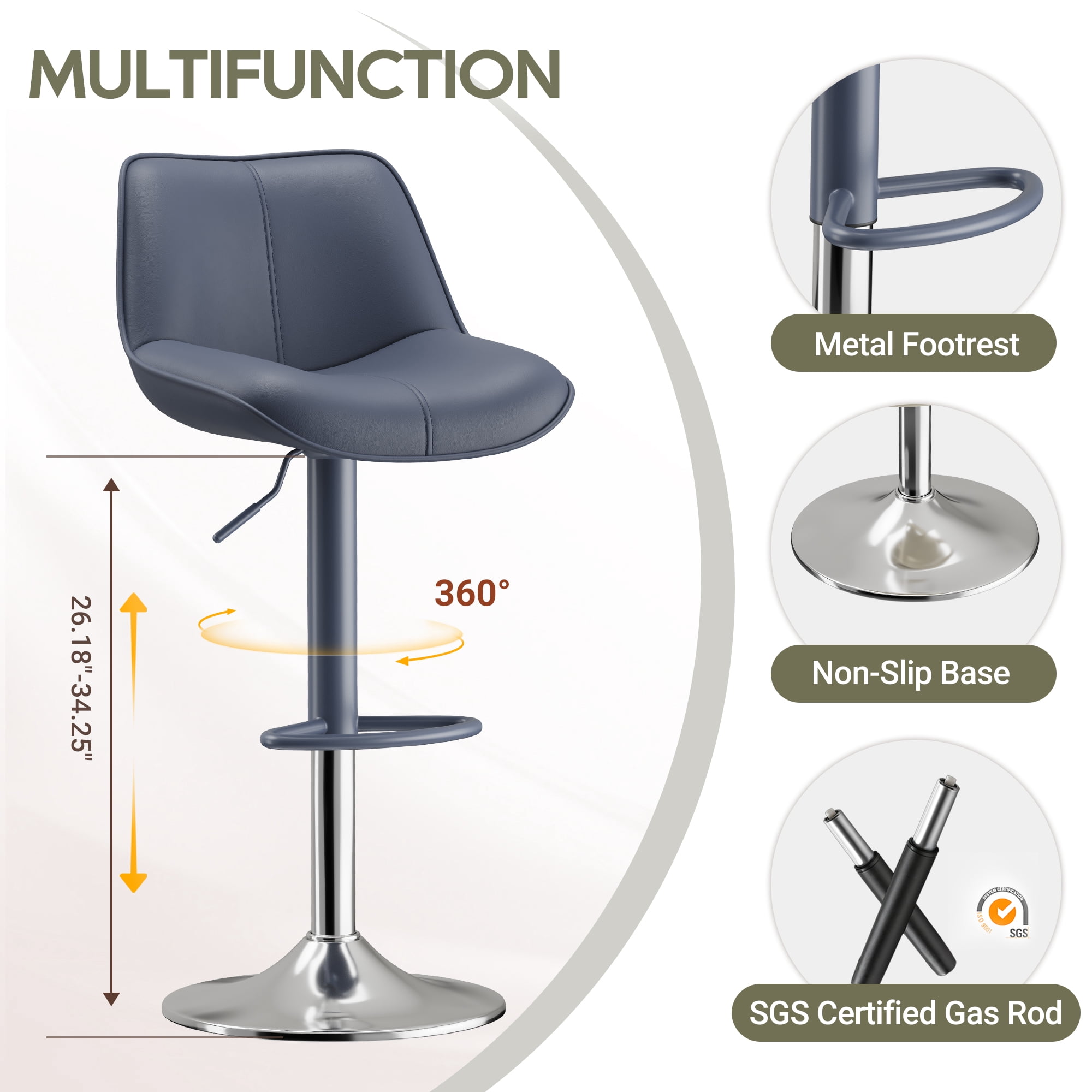 EOP Upholstered Bar Stools Set of 4, Adjustable Swivel Counter Height Bar Chairs with Backrest, Modern PU Leather Counter Stools for Bar, Kitchen, Dining Room, Blue