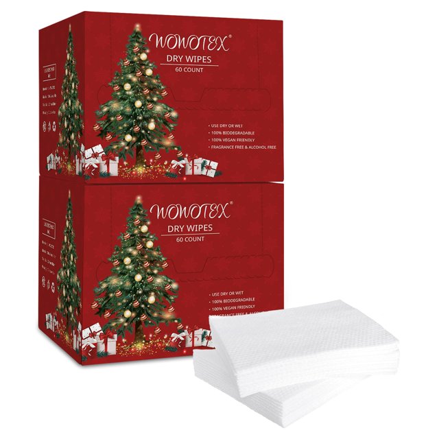Estilo navideño WOWOTEX Toalla facial desechable Toallitas faciales secas grandes biodegradables 120 unidades/2 cajas Toallas faciales limpias y suaves extra gruesas para pieles sensibles Limpieza fac