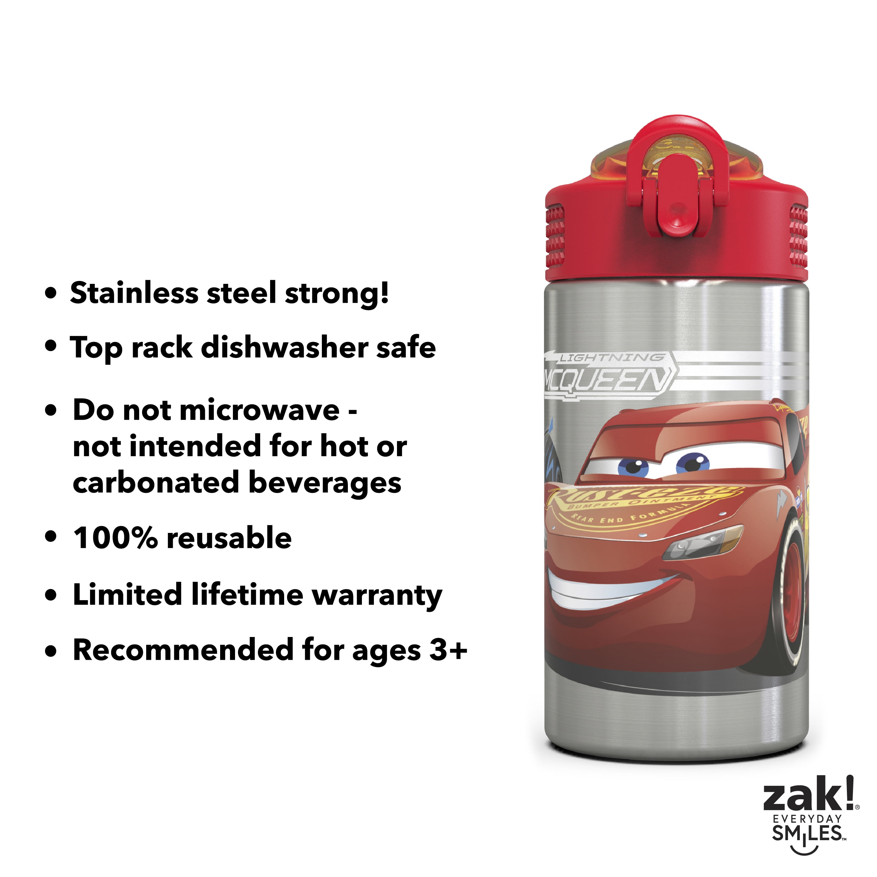 Zak Designs 15.5 oz Kids Water Bottle Stainless Steel with Push-Button Spout and Locking Cover, Cars Lightning McQueen