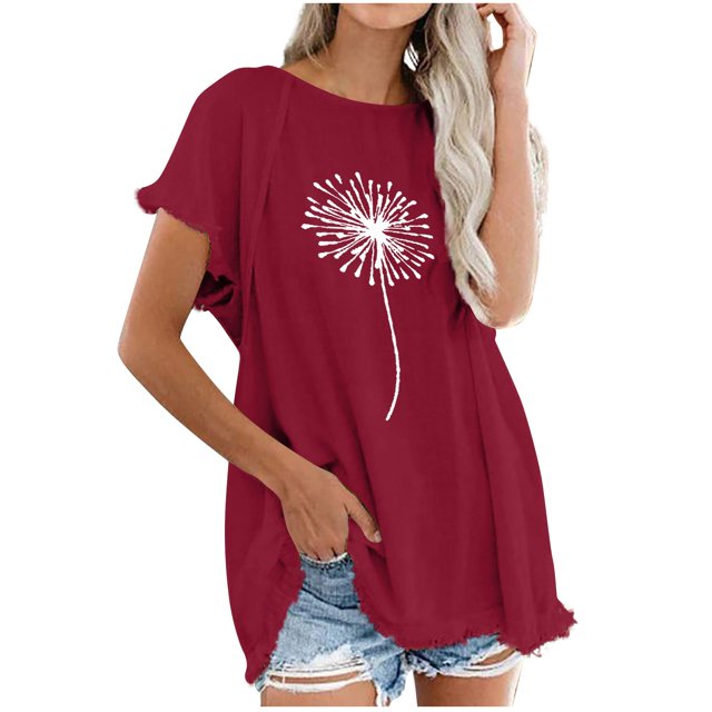 Blusa superior de lino y algodón con estampado de manga corta y cuello redondo con borlas para mujer Pompotops hkajfhjk469364