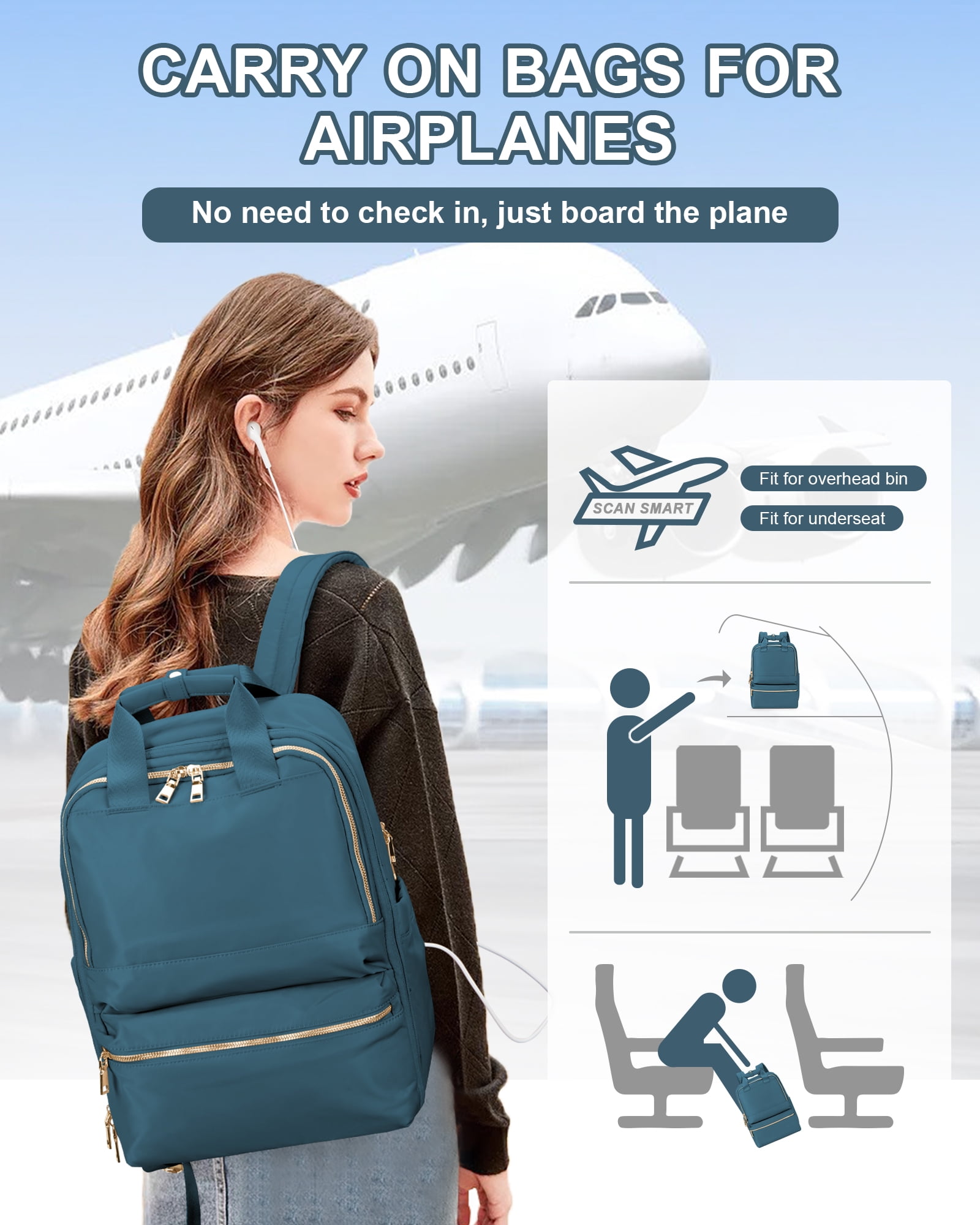 Travel Backpack For Women Men Airline Approved Carry On Bags For Airplanes Peacock Blue Laptop Backpack Personal Item Backpack For Traveling On Airplane College Backpack With Laptop Compartment