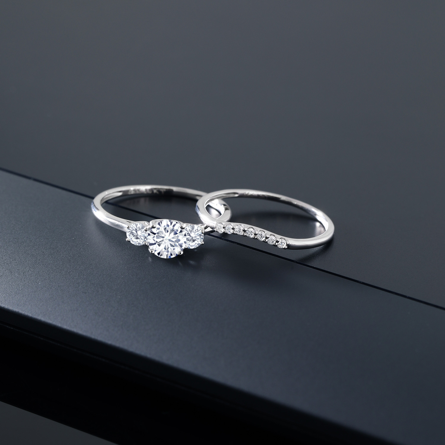Gem Stone King 10K White Gold Moissanite and White Lab Grown Diamond 3-Stone Bridal Engagement Wedding Ring Set for Women | 0.74 Cttw | Round 5MM | Available in Size 5, 6, 7, 8, 9 | Size 7
