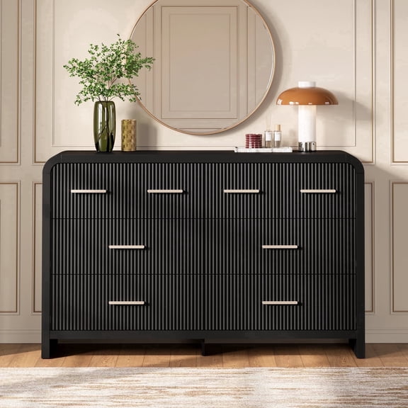 Hujauu Fluted Dresser for Bedroom with 8 Drawers, 54" Wide Modern Chest of Drawers with Curved Edge, Large Storage Cabinet for Living Room, Black