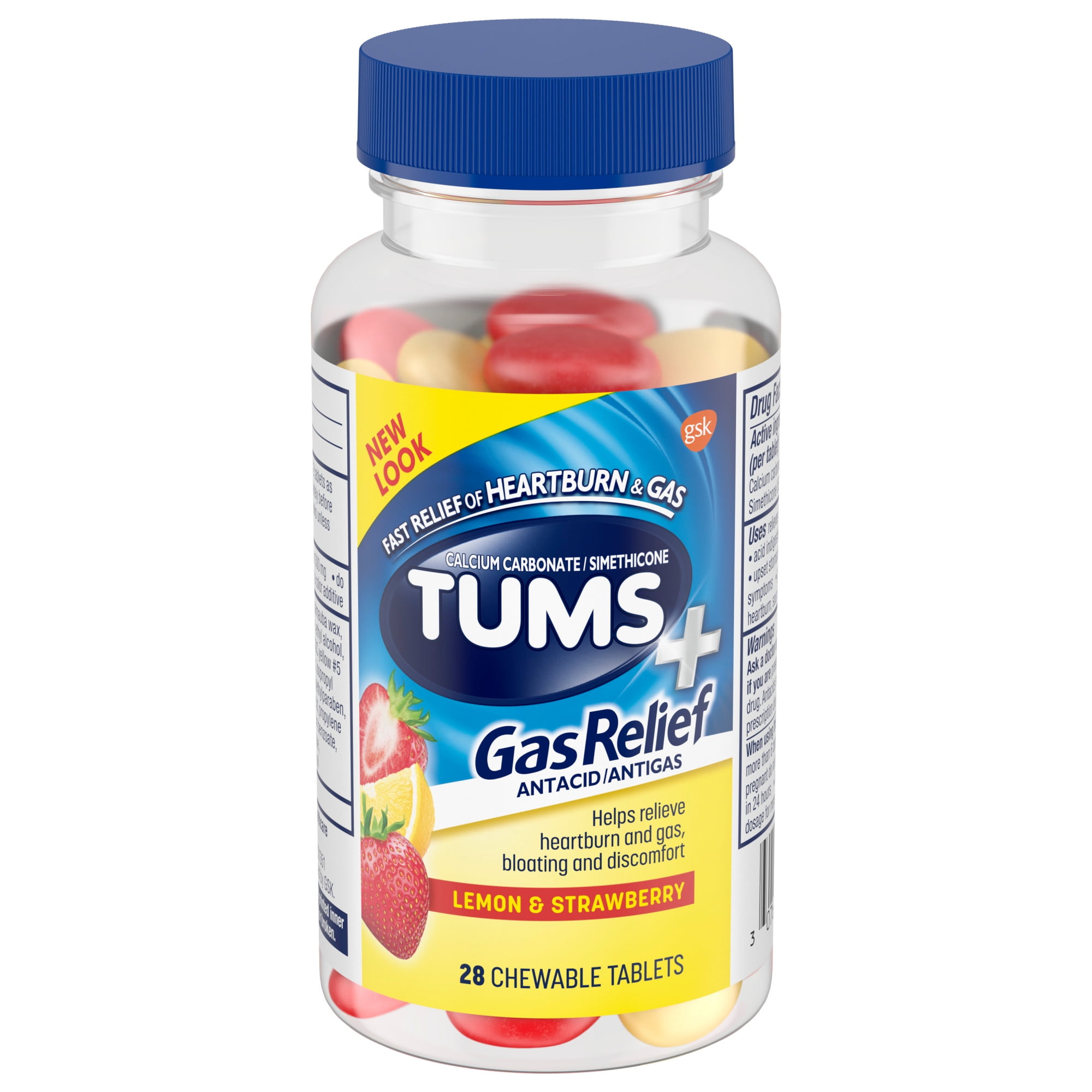 Tums+ Gas Relief Chewy Bites Chewable Antacid Tablets, Lemon/Strawberry