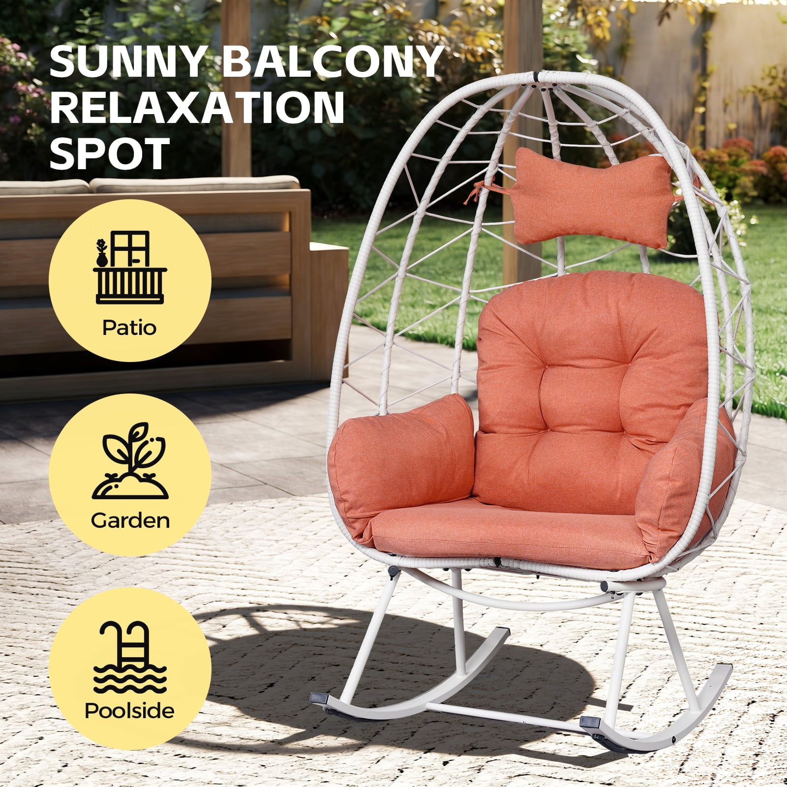 Foldable PE Wicker Egg Rocking Chair 330LBS, Cocoon Lounge Rocker with Thick Cushion & Pillow, Weather Resistant Rattan Single Chair for Patio Balcony Bedroom Living Room