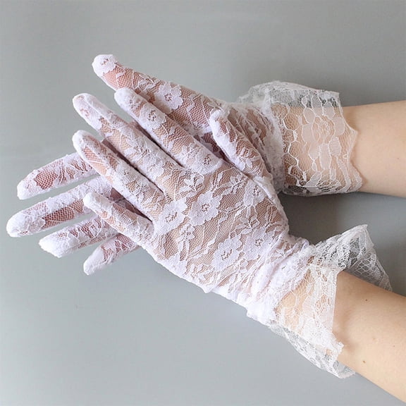 BLTIBY Women's Sheer Lace Floral Gloves Wrist Length Short Vintage Breathable Gloves for Bridal Wedding Tea Party Events Halloween White One Size