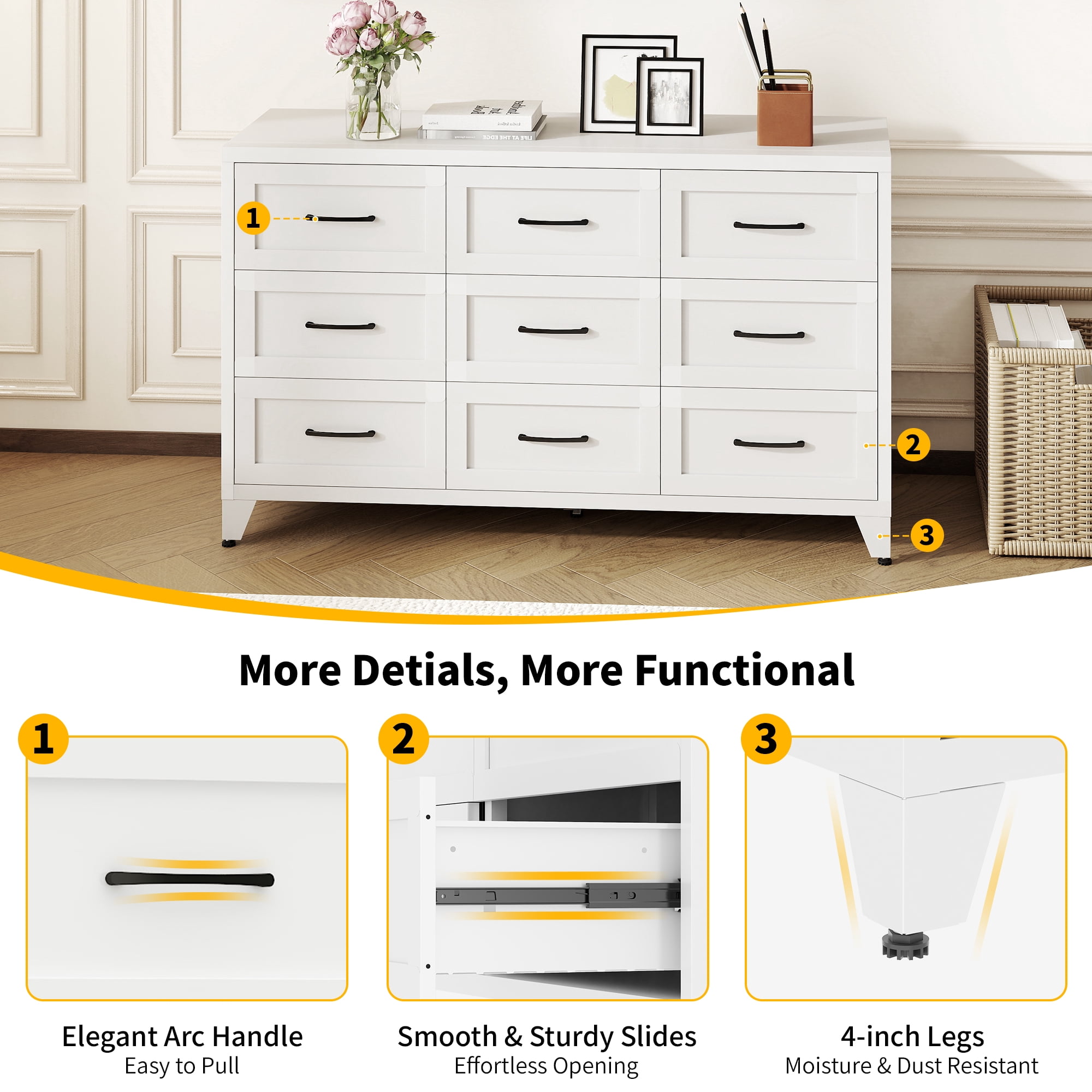 ShiKeyi 9 Drawer Dresser for Bedroom, Modern Metal Wide Storage Chest with Metal Handles and Legs, White