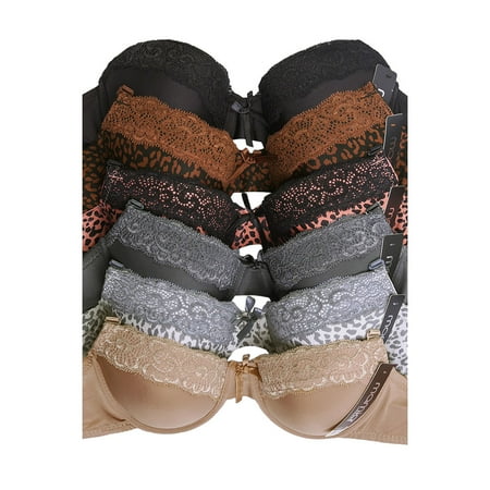 - Unibasic Women Polyester Demi Cup Leopard and Plain Lace Convertible Bra - 6 Pack