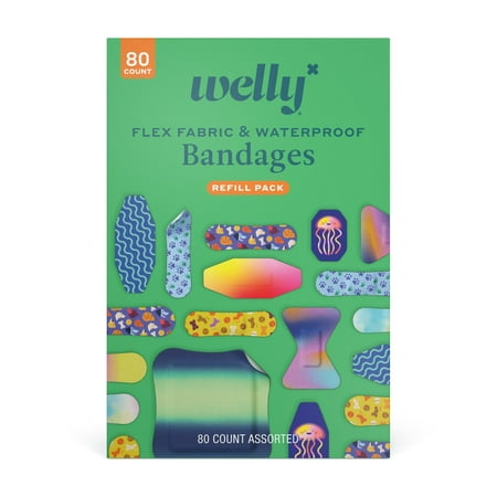 (4 Pack) Welly Flex Fabric Bandages, Assorted Pattern Family Pack, 80 Count