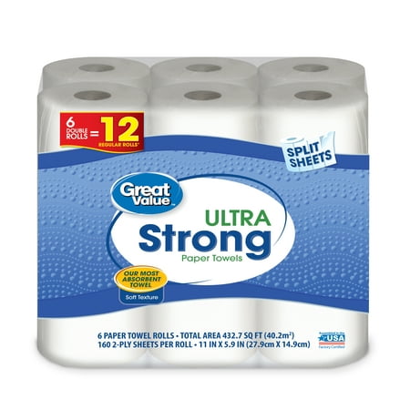 product image of Great Value Ultra Strong Paper Towels, Split Sheet, 6 Double Rolls