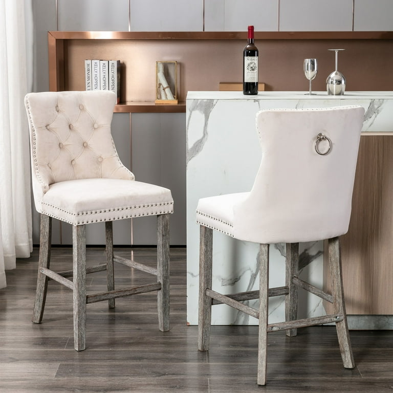 SYNGAR Bar Stool Chairs Set of 2 Beige Kitchen High Bar Chair High End Counter Height Velvet Upholstered Bar Chair with Nailhead Trim Back for