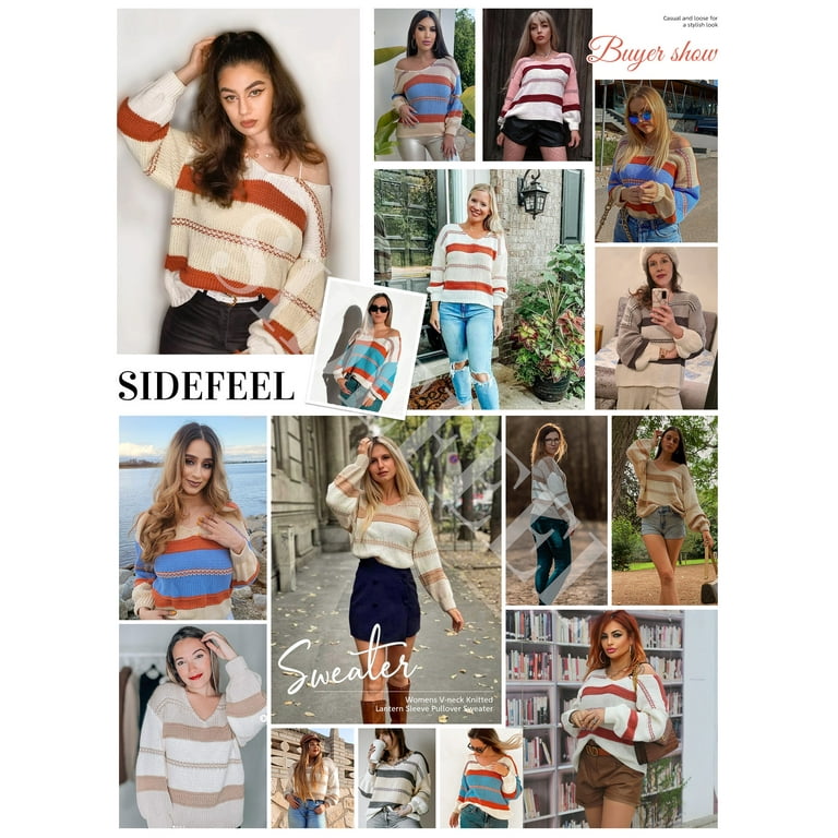 Striped V-Neck Bat Sleeve Loose Irregular Sweater Striped V-Neck Bat Sleeve Loose Irregular Sweater