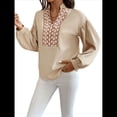 thumbnail image 2 of Blusa de Oficina para Mujer, Plisada, de Larga y Cuello en V, Estilo Retro, Elegante, con Estampado Circular Abierto y Cuello Alto. Albaricoque S, 2 of 10
