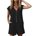 thumbnail image 4 of Women's Short Cuffed Sleeve Utility Rompers Elastic Waist Button Down Cotton Pocketed Jumpsuit Black M(M), 4 of 6