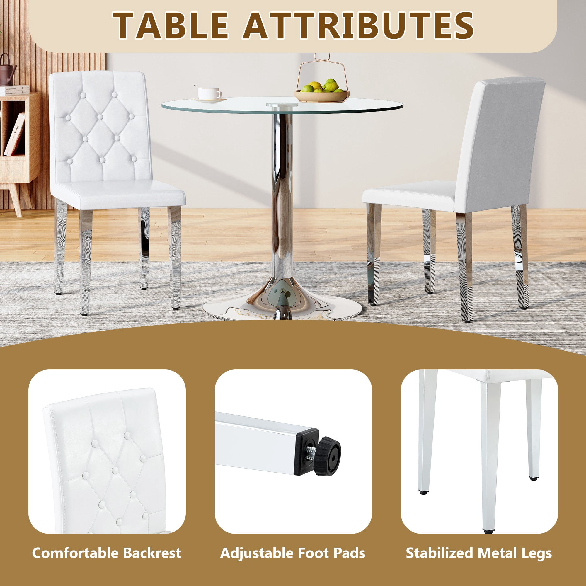 Sailvan PU Dining Chairs, 35 Inch Ergonomic Buckle Backrest with Silver Metal Legs
