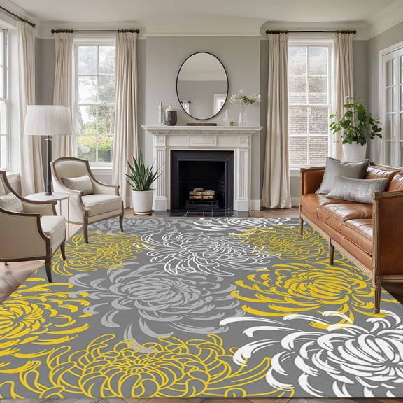 6x9 Area Rugs, Yellow Gray Floral Non-Skid Rubber Backing Large Rectangle Rugs - Living Room Bedroom Home Office, Farmhouse Retro Abstract Flowers Art Indoor Floor Mat Carpets Washable Rug