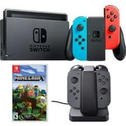 Nintendo Switch 32 GB Console with Neon Blue and Red Joy-Con (HACSKABAA) with Switch Minecraft & Switch Joy-Con Charging Dock