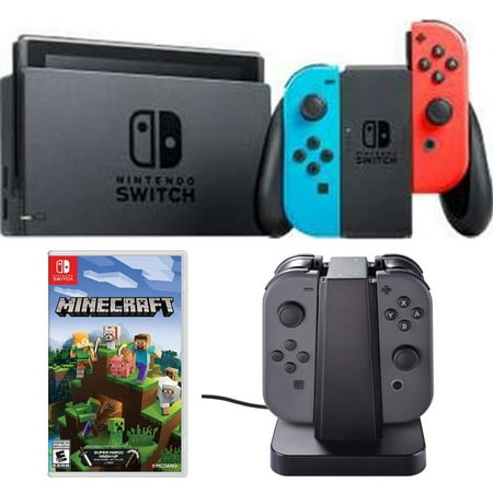 Nintendo Switch 32 GB Console with Neon Blue and Red Joy-Con (HACSKABAA) with Switch Minecraft & Switch Joy-Con Charging Dock