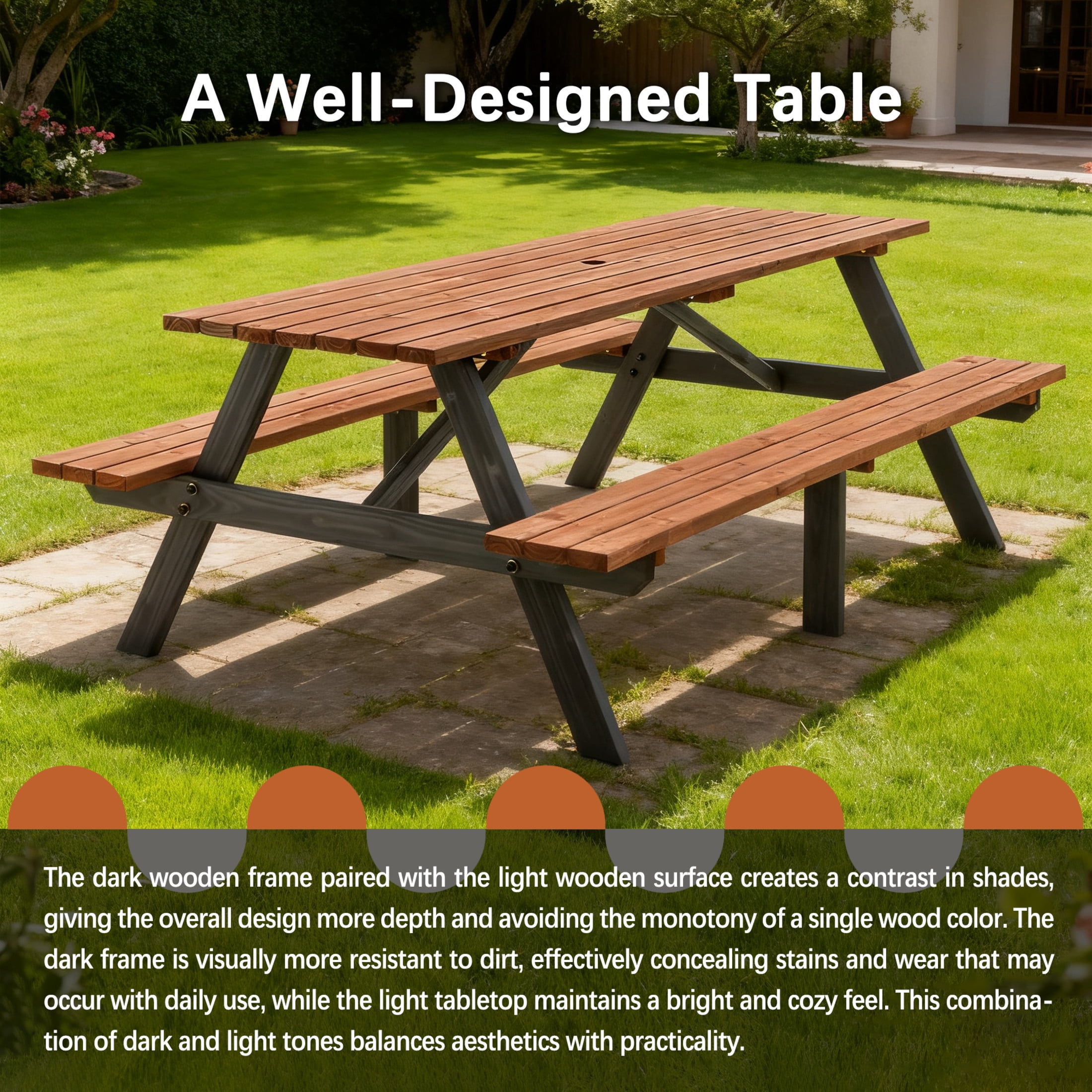 Noble House Arboris 8-Seat Outdoor Fir Wood Picnic Set, Heavy-Duty Patio Picnic Table with Built-in Benches, Brown