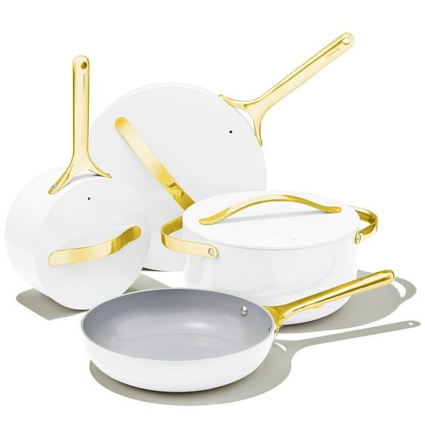 Alcaravea Juego de utensilios de cocina de cerámica antiadherente (12 piezas) Ollas, sartenes, tapas y almacenamiento de cocina - No tóxico - Apto para horno y compatible con todas las estufas - Blanc