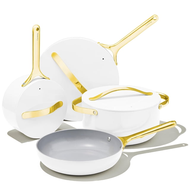 Alcaravea Juego de utensilios de cocina de cerámica antiadherente (12 piezas) Ollas, sartenes, tapas y almacenamiento de cocina - No tóxico - Apto para horno y compatible con todas las estufas - Blanc