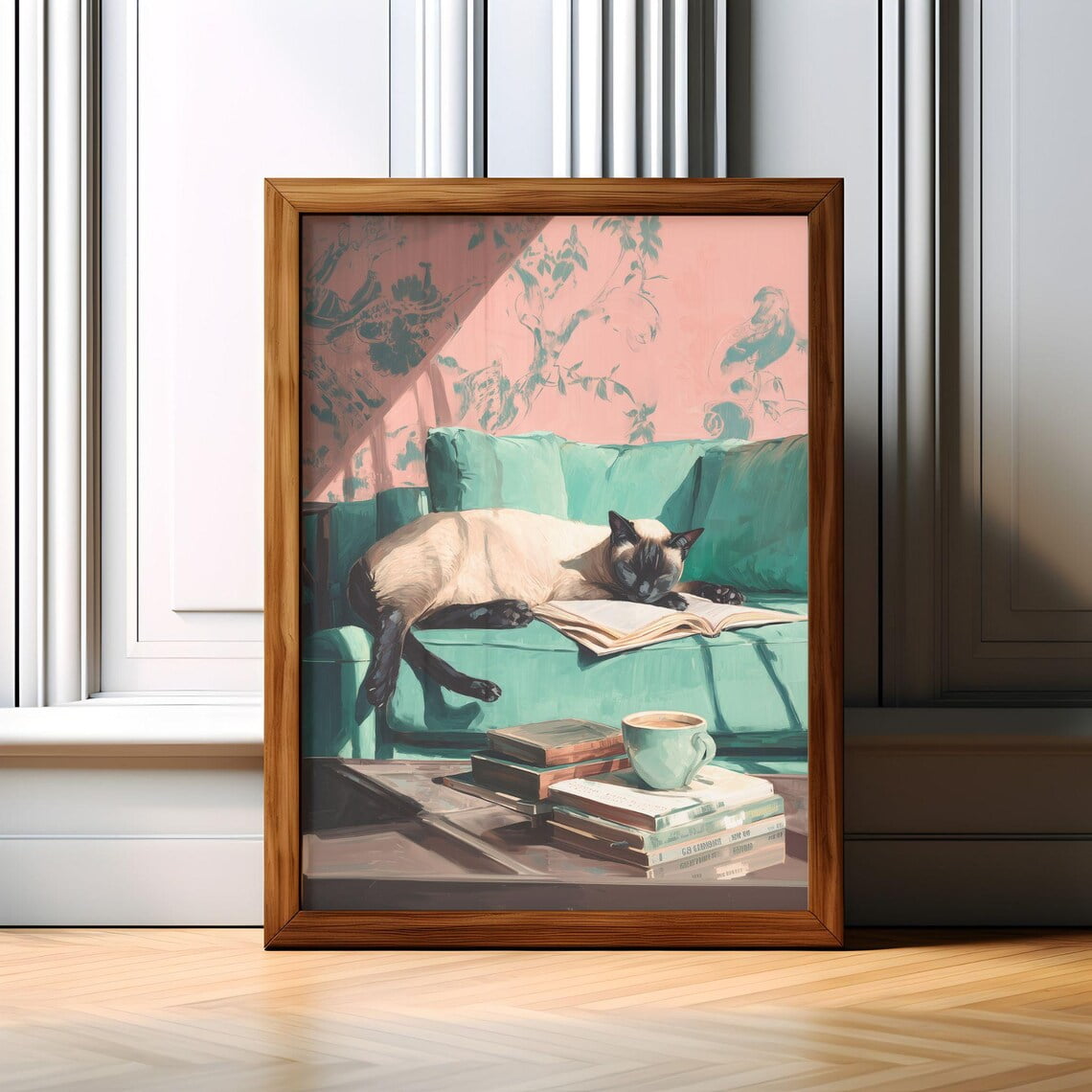 Siamese Cat Reading With Coffee Wall Art Print Cozy Book Decor