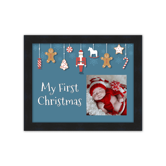 Baby's First Christmas Frame (Blue) Black Wood Frame with Christmas Decoration Mat for Photos