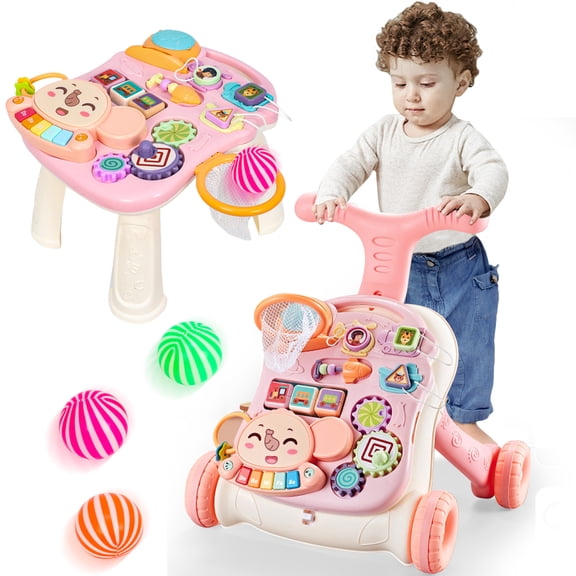 Wdmiya 3 in 1 Baby Walker and Activity Center for Girl, Baby Push Walkers, Sit to Stand Learning Walker, Early Educational Gifts with Music Panel for Infant Toddler 12 Months, Pink