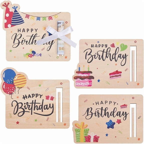 4Pcs Wooden Money Birthday Card Holder for Cash Gift Ideas with 4Pcs Polyester Ribbon Rectangle Old Lace 100x142x3mm