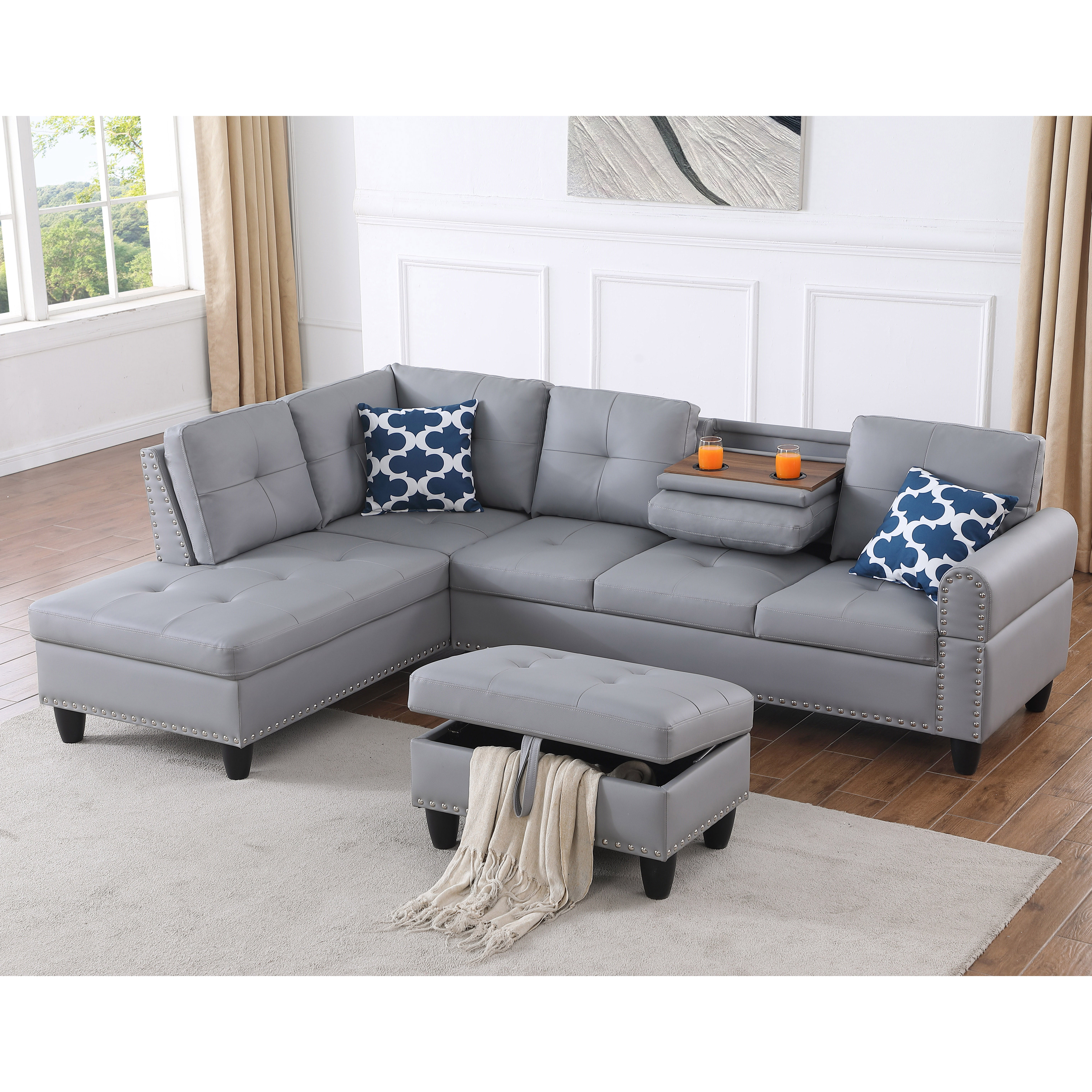 Gewnee L-Shaped Sectional Sofa with Nailhead Trim, Fold-Down Cup Holder, Storage Ottoman & 2 Toss Pillows for Living Room, Gray