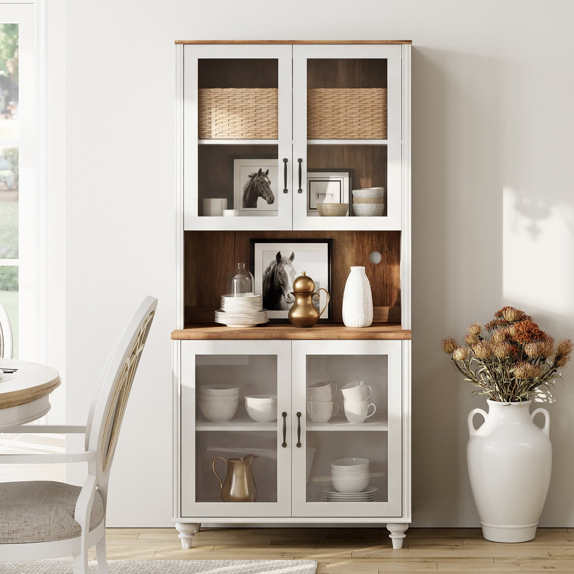 Sideboard Buffet Cabinet with Storage, Morden Bookcase with Adjustable Shelf and Glass Doors, Farmhouse Wooden Bookshelves for Living Room, Office, Study Room, Kitchen, White, 72" H