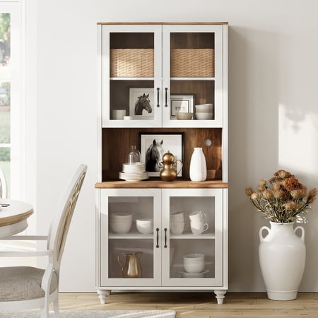 White Morden Bookcase with Adjustable Shelf and Glass Doors Farmhouse Library Wooden Bookshelves for Living Room Office Study Room Kitchen