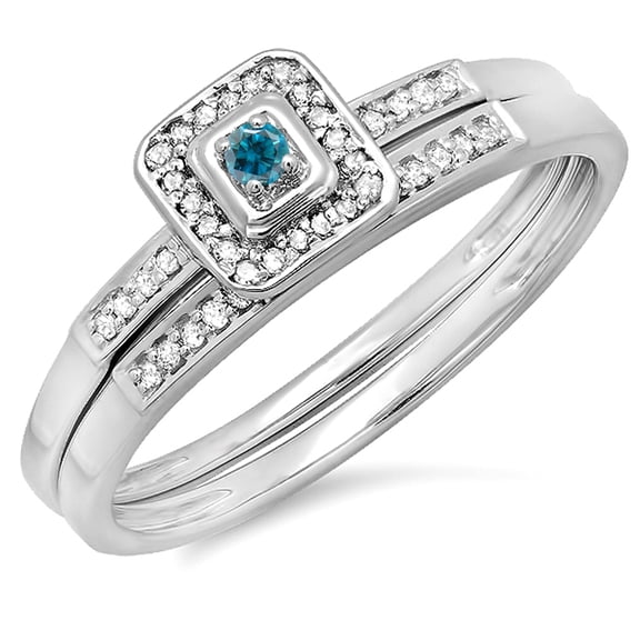 Dazzlingrock Collection 0.15 Carat (ctw) 10K Blue & White Diamond Halo Engagement Wedding Bridal Ring Set, White Gold, Size 8