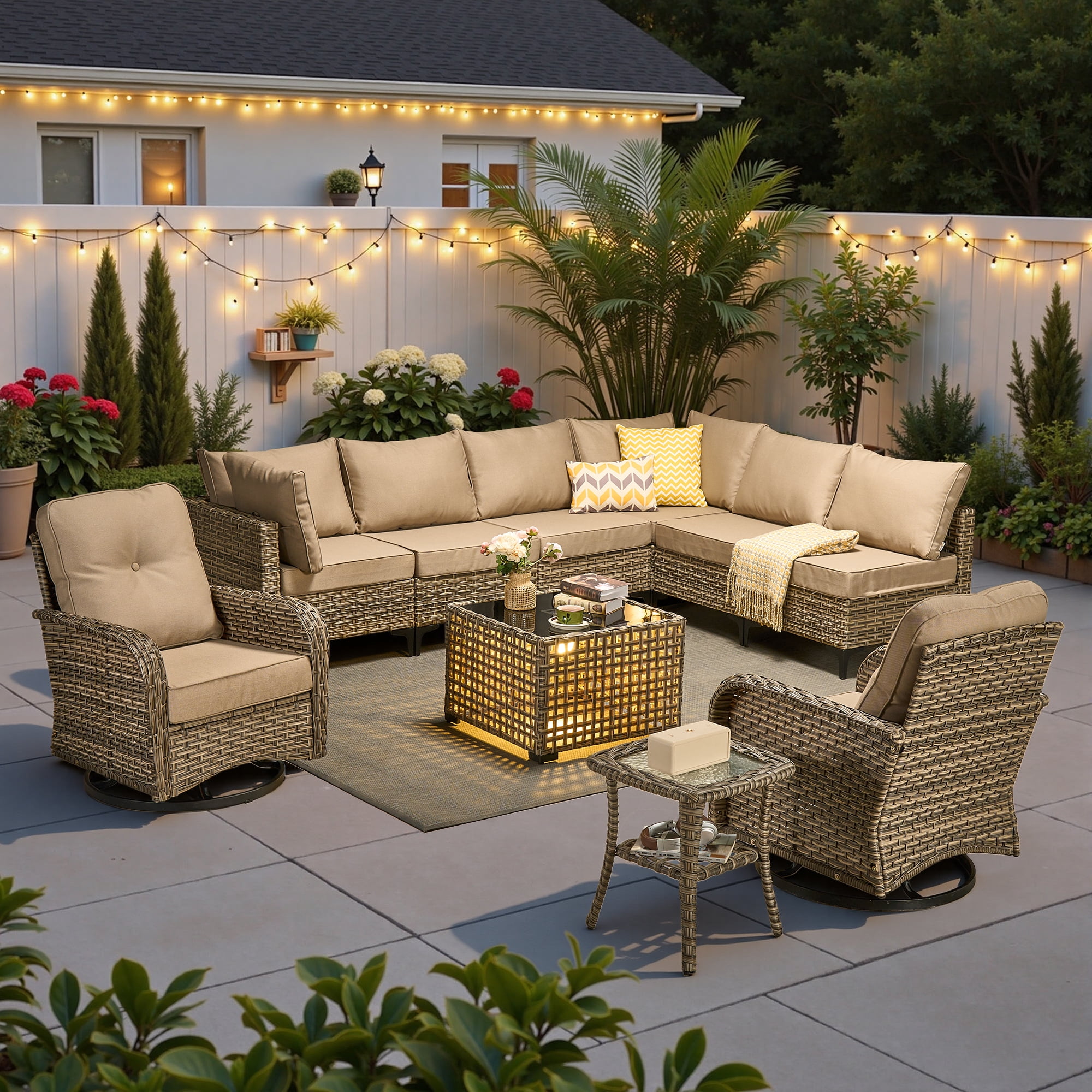 Ovios 10 Pieces Outdoor Patio Furniture All-Weather Wicker Sectional Conversation Set with Swivel Chairs & Solar Coffee Table, Beige