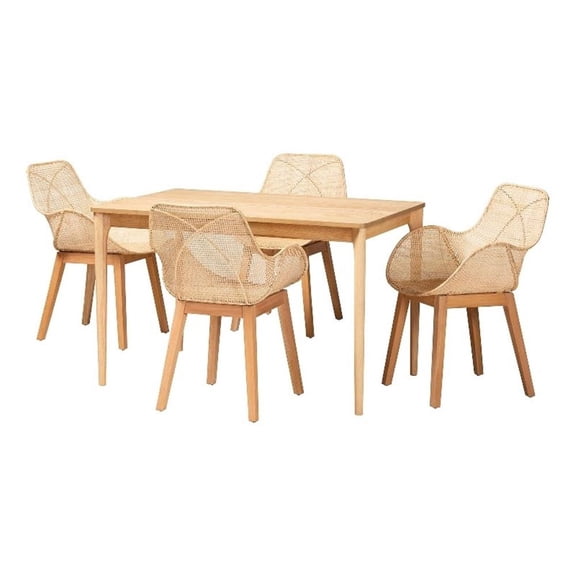 Baxton Studio Ballerina Brown Mahogany Wood and Rattan 5-Piece Dining Set