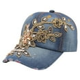 thumbnail image 1 of ENJOYW Casquette de Baseball en Denim à Fleurs Embossées pour Femmes Été Jeans Incrustés de Strass, Couleur Dorée Fil, 1 of 7