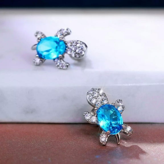 K-KED Gorgeous Women Lake Blue Crystal Turtle Delicate Jewelry 925 Silver Stud Earrings Gifts