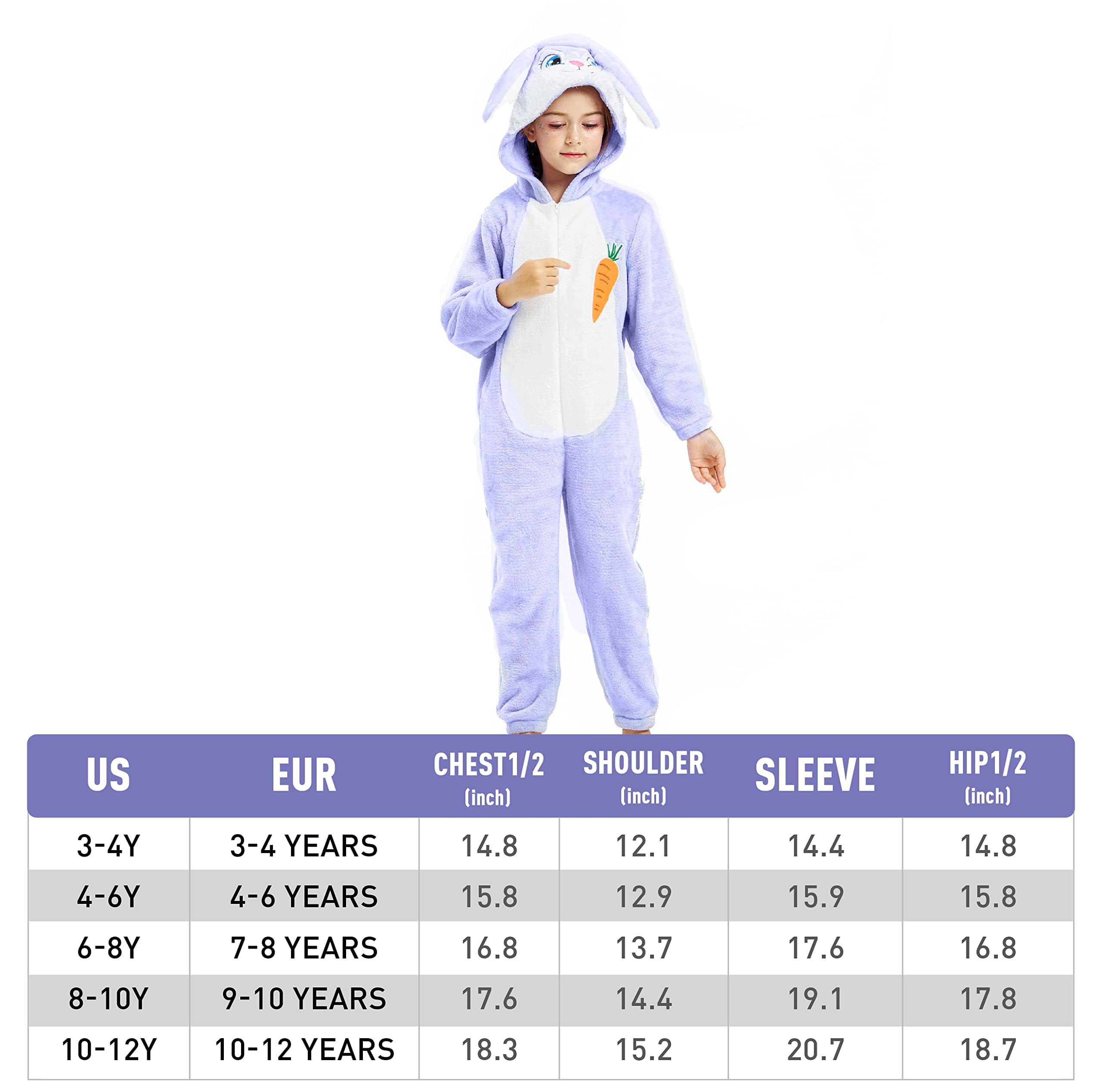Easter Bunny Costume Purple Onesie Jumpsuit for Children Girls, Hooded Animal Romper Flannel Pajamas 3-12Years