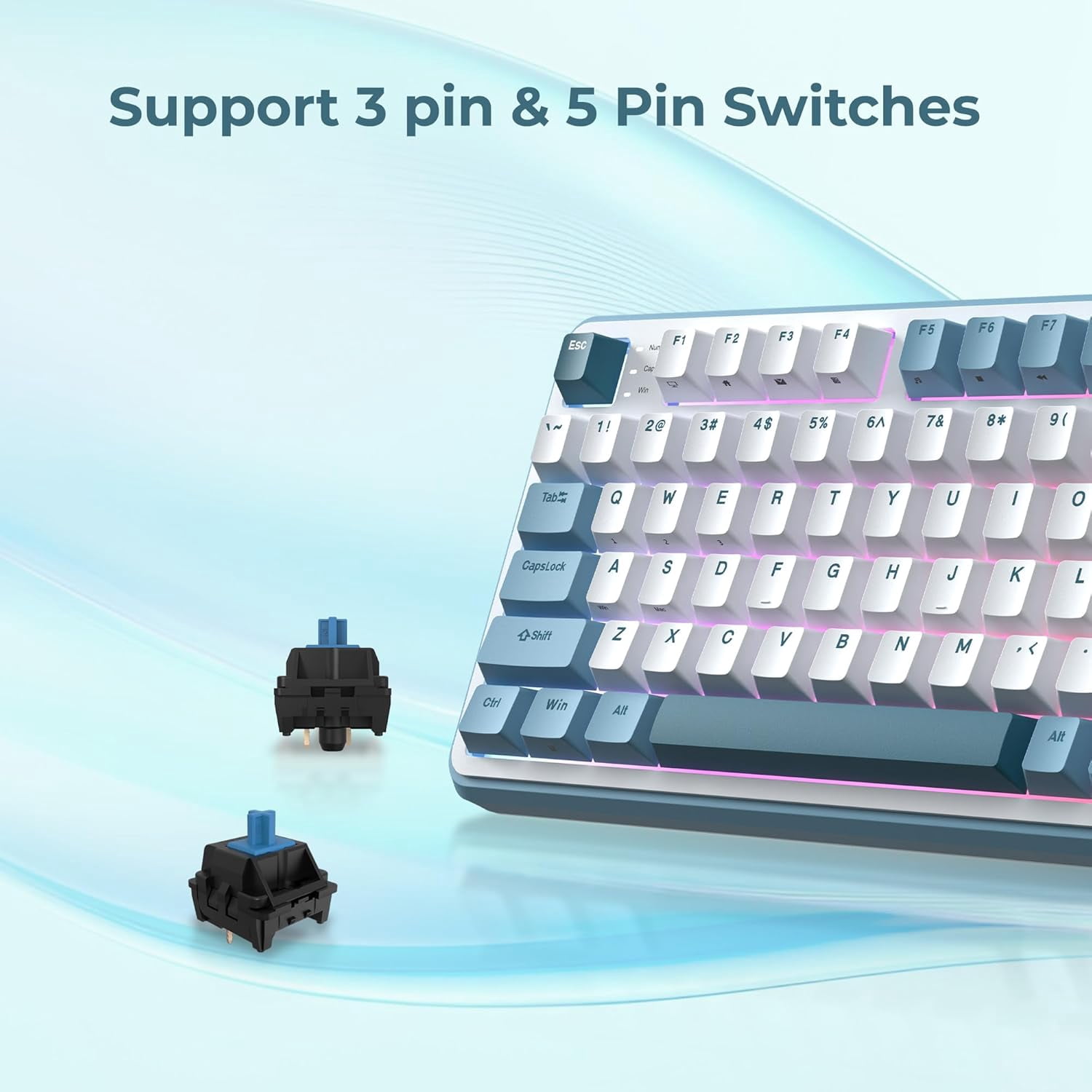Rosewill Neon S96 Wireless Mechanical Keyboard, 98-Key Layout w/ Volume Knob, Bluetooth / 2.4GHz / USB-C, Hot-Swappable Blue Switches, RGB Backlit, 3750mAh Battery, Windows & macOS, White